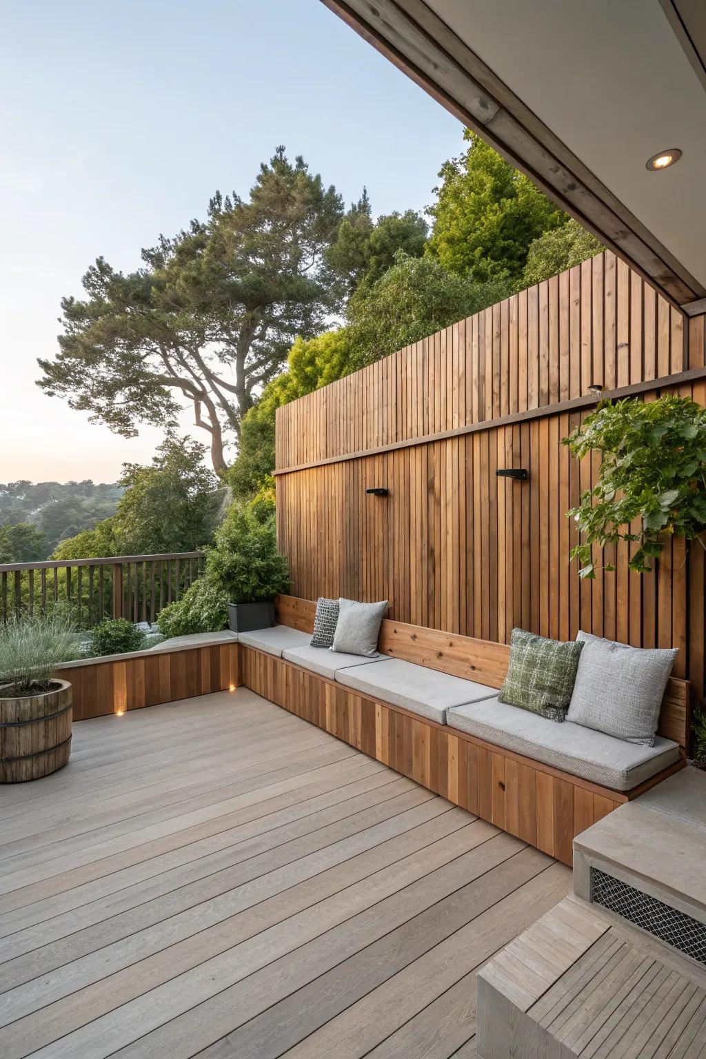 A patio featuring a wood backdrop and integrated seating.