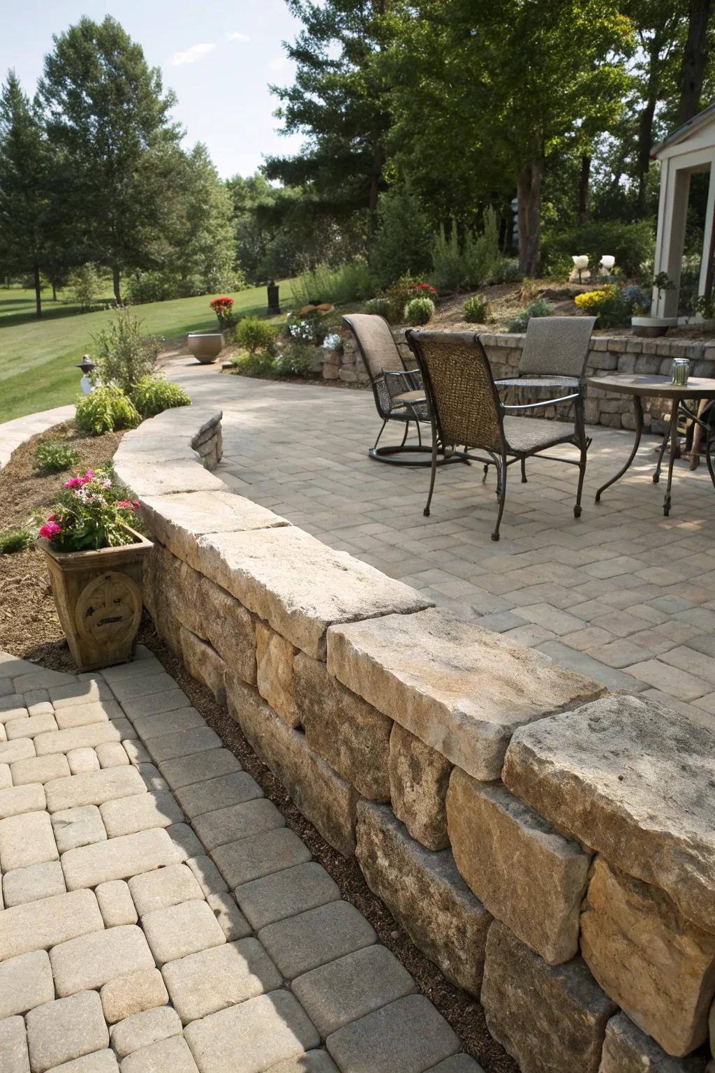 A retaining partition frames your patio and presents supplementary seating.