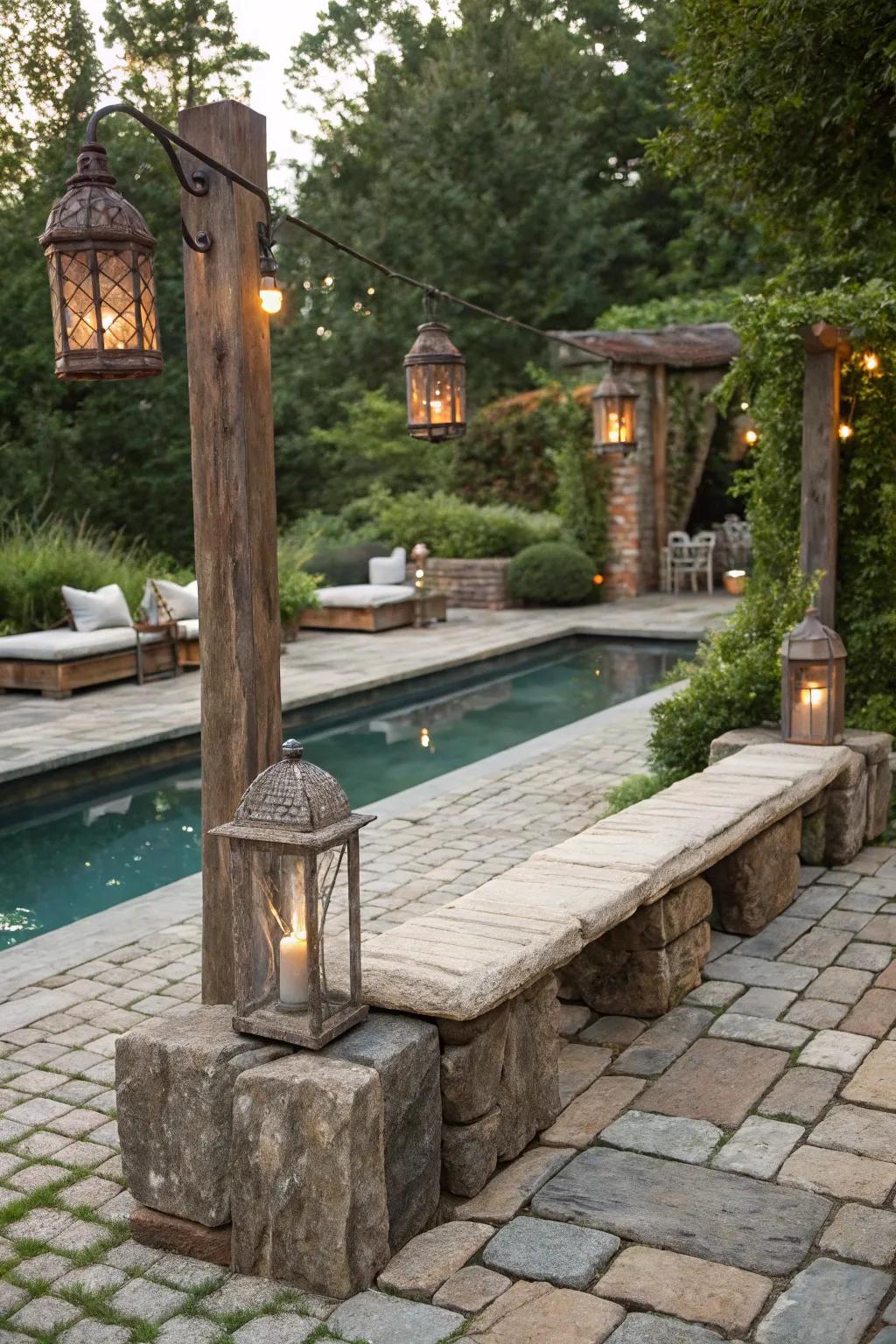 Cobblestone paving appends quaint, historical charm to the poolside.