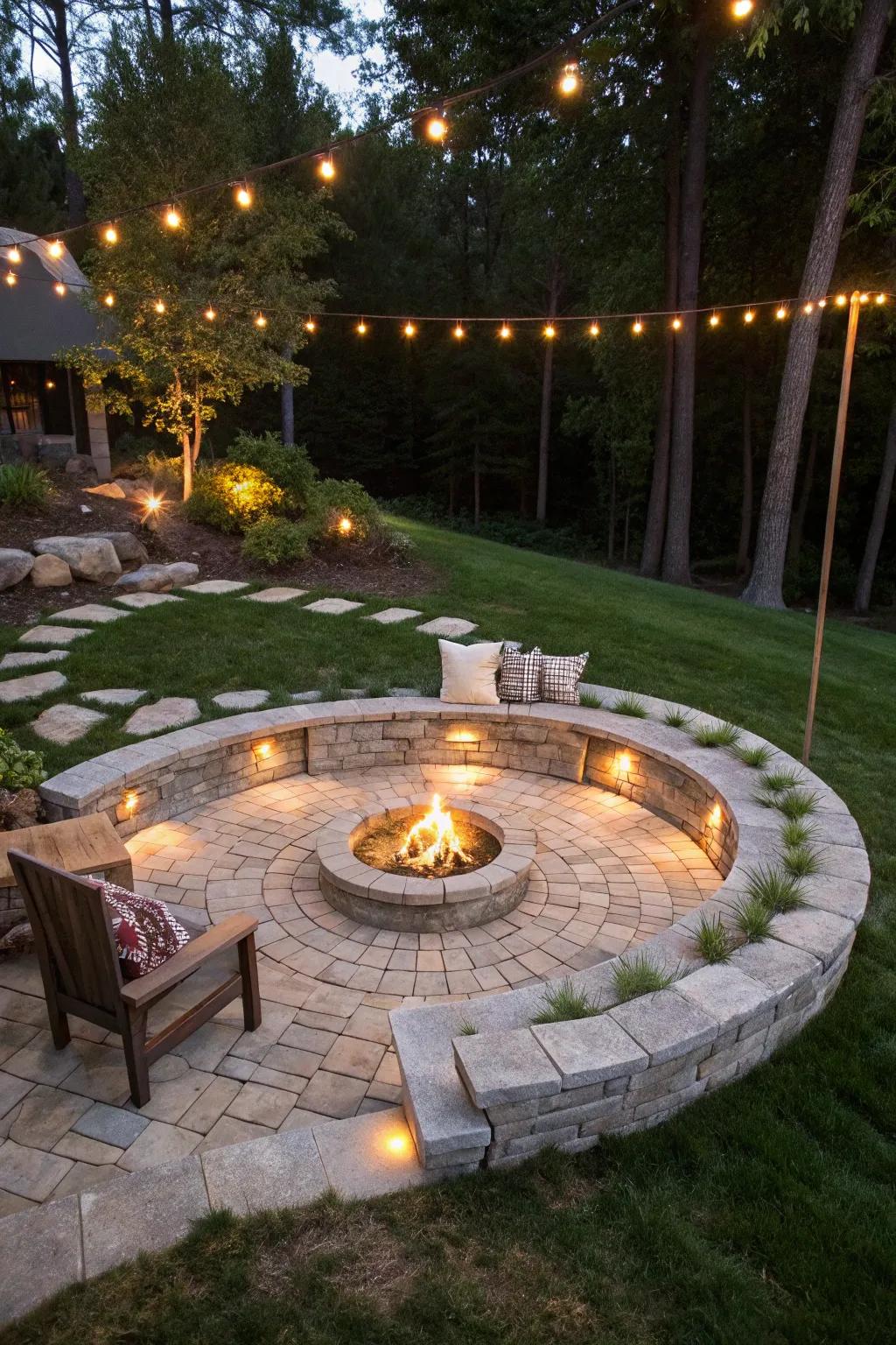Sunken fire pits furnish an intimate gathering locale.