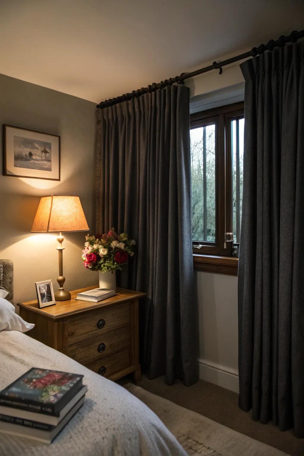 A bedroom with blackout curtains that ensure a restful and undisturbed sleep.