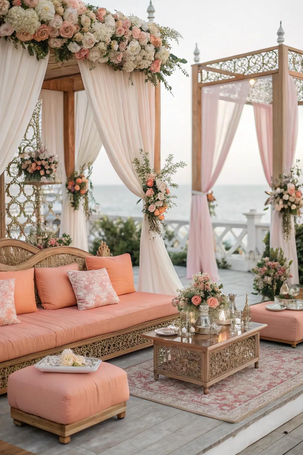Chic seating decorated with peach for a cohesive theme.