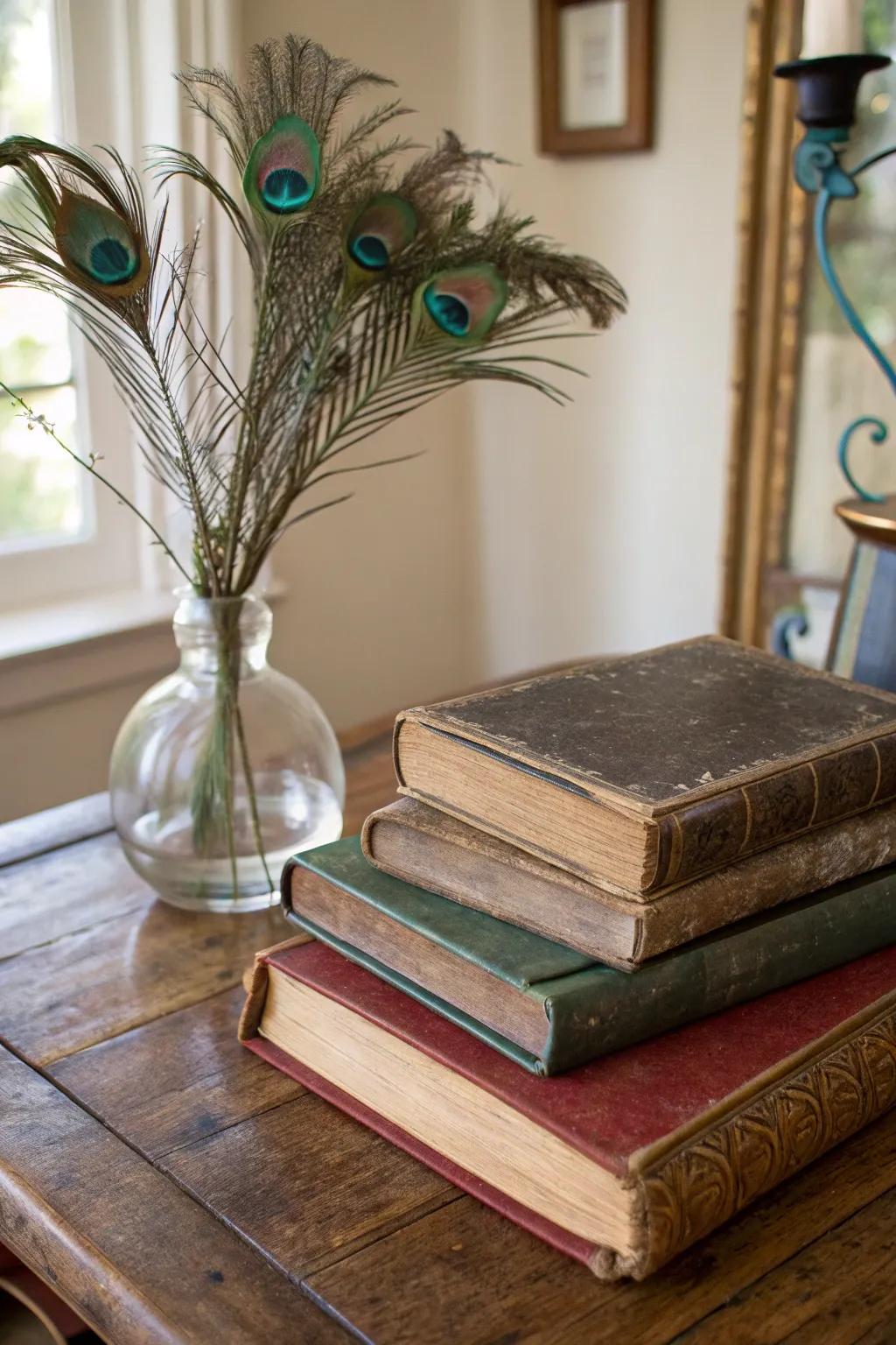 An academic centerpiece featuring volumes and pheasant plumes.