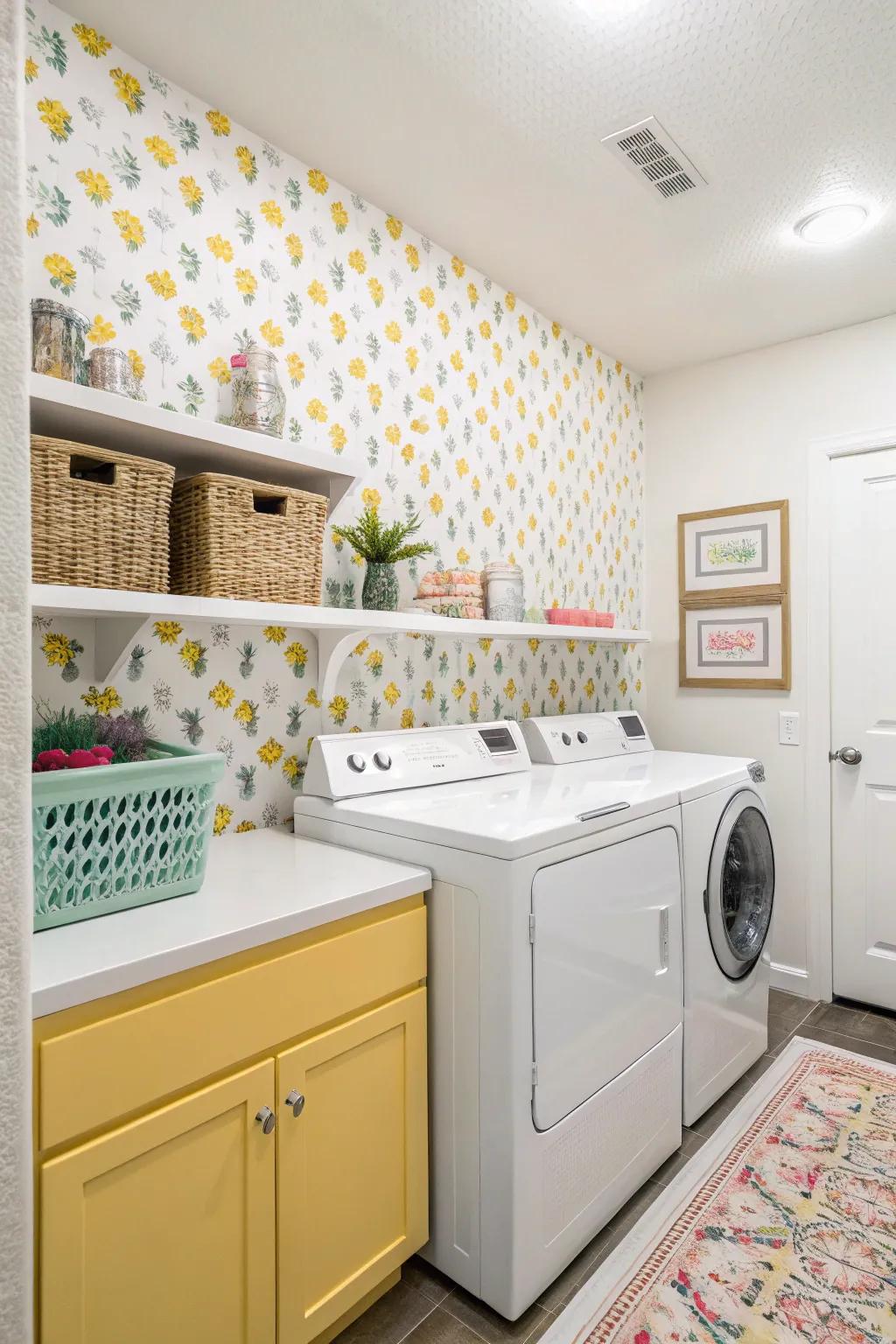 Give your laundry room a cheerful lift with vibrant wallpaper.