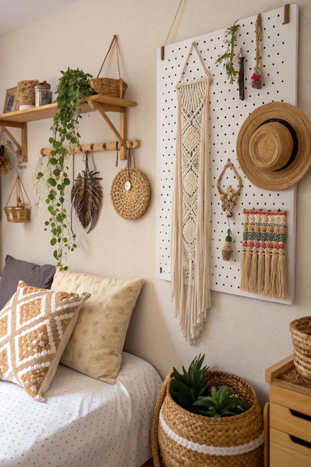 Introduce boho charm with textured pegboard designs.