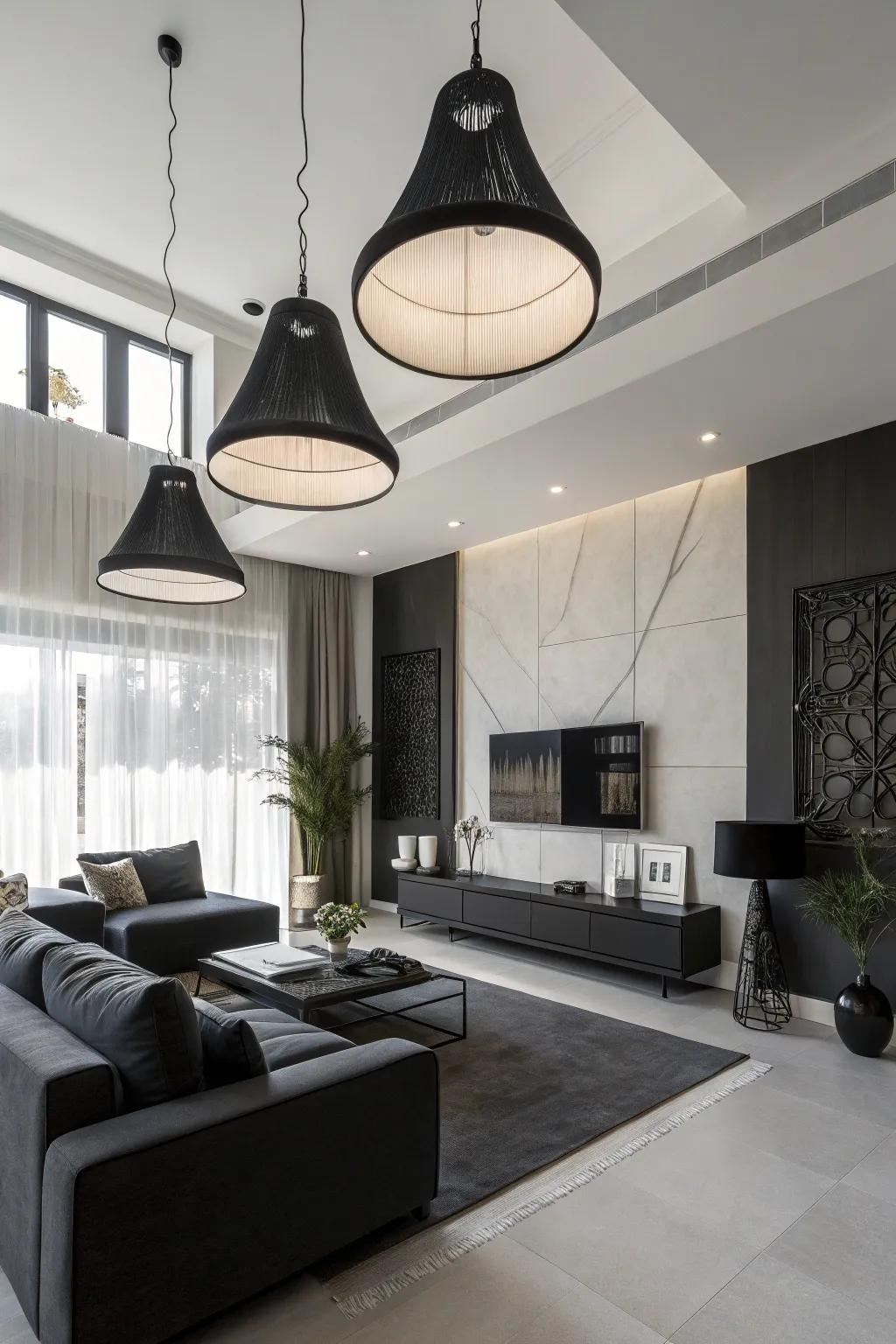 Black and white pendants offer a sleek, stylish touch.