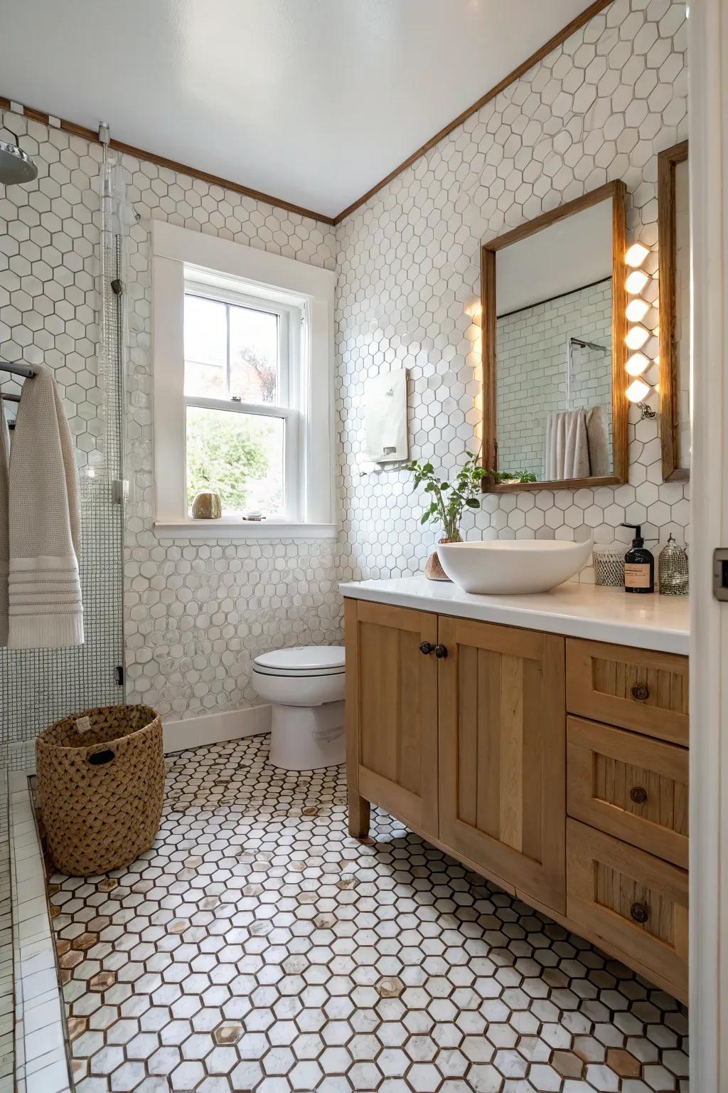 Inventive use of penny tiles in surprising bathroom locations.