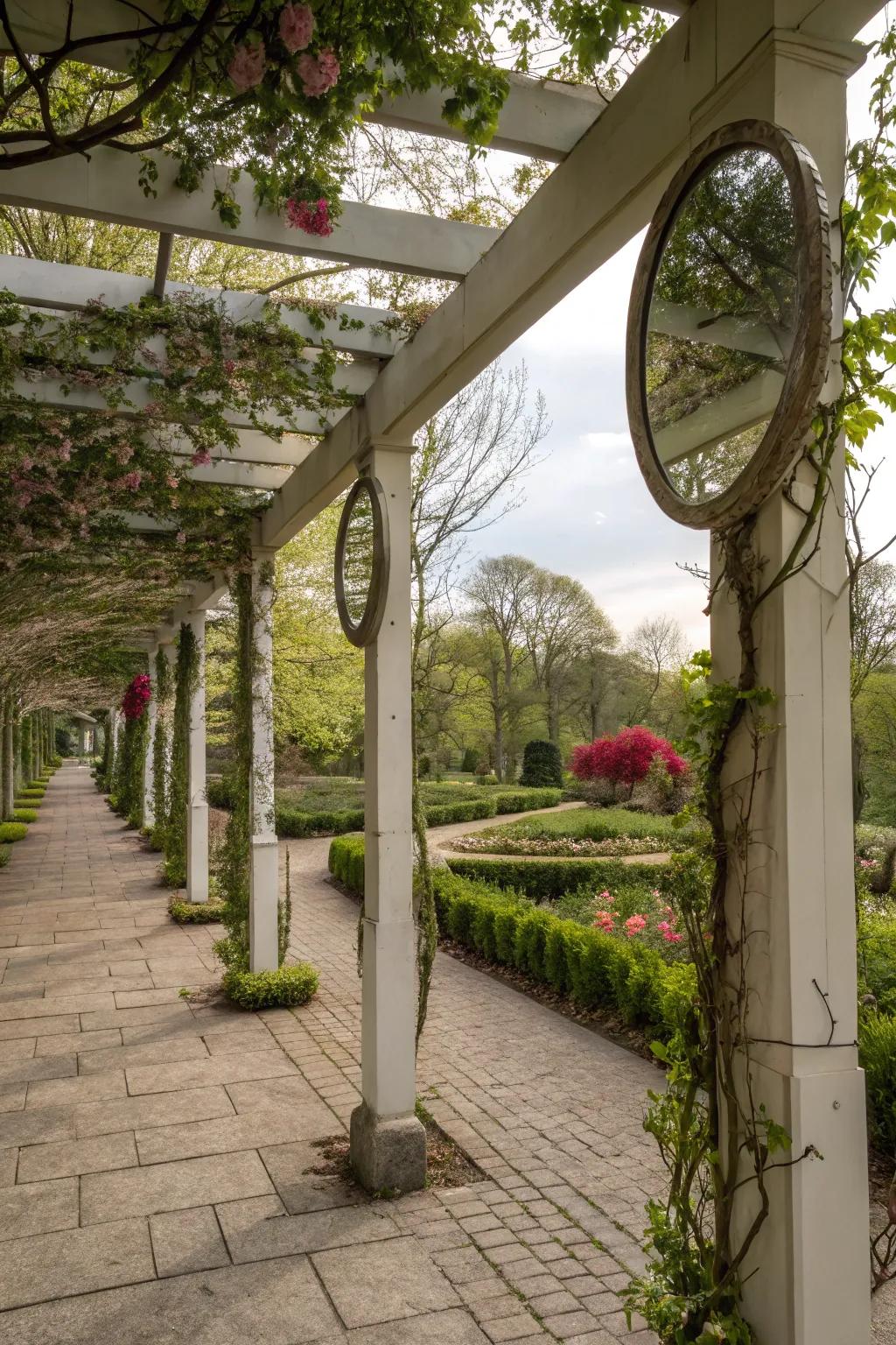 Mirrors enhance space and light in pergola settings.