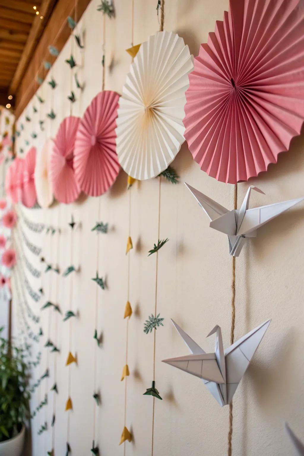 A backdrop adorned using paper fowl and fans, incorporating a whimsical and enchanting element.