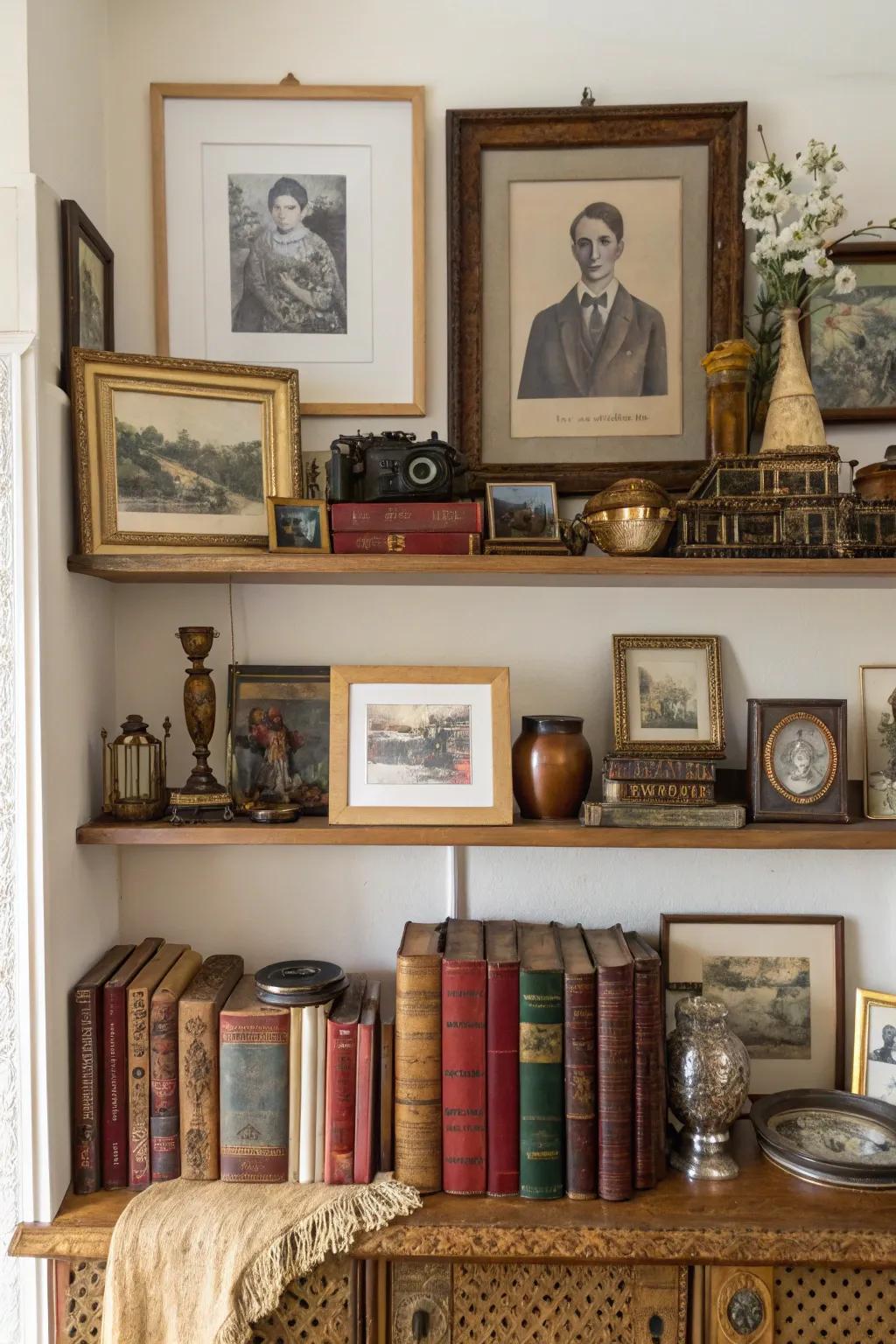 Incorporate classic pieces for a historical and character-filled shelf.