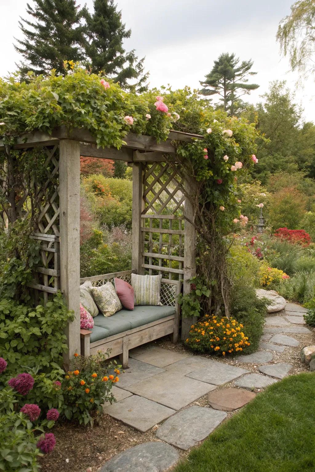 An arbor with built-in seating offers a peaceful retreat, perfect for relaxation and enjoying nature.