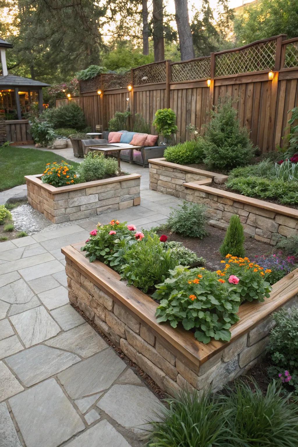 Create stunning contrasts with mixed material raised flower beds.