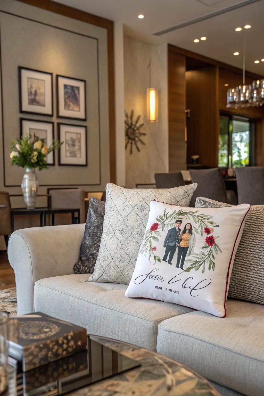 Bespoke print cushions contributing a personal reflection.