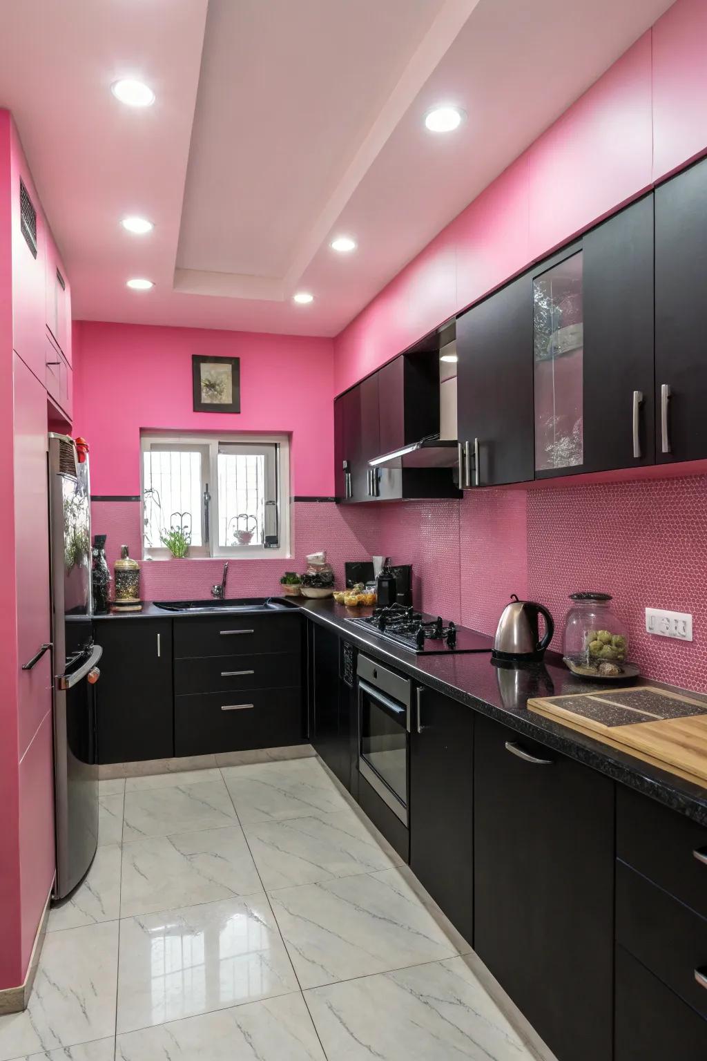 Rose walls enrich warmth and vibrancy to the cooking area.