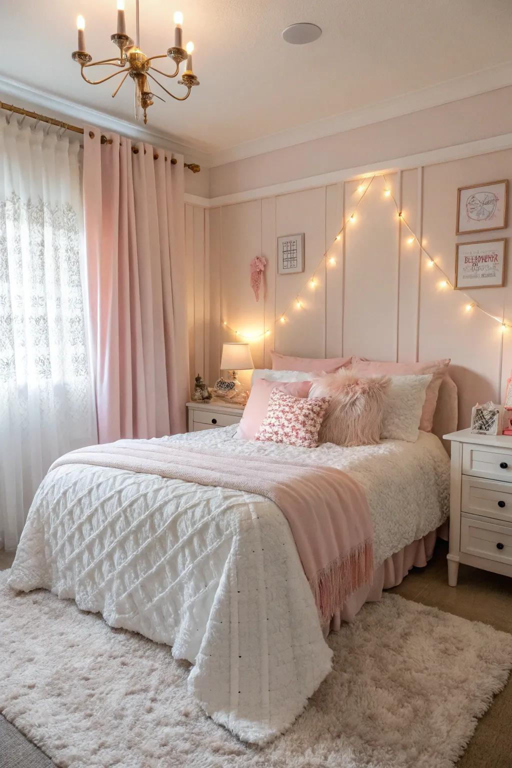 Marshmallow rose and white provide a welcoming and soothing bedroom feel.