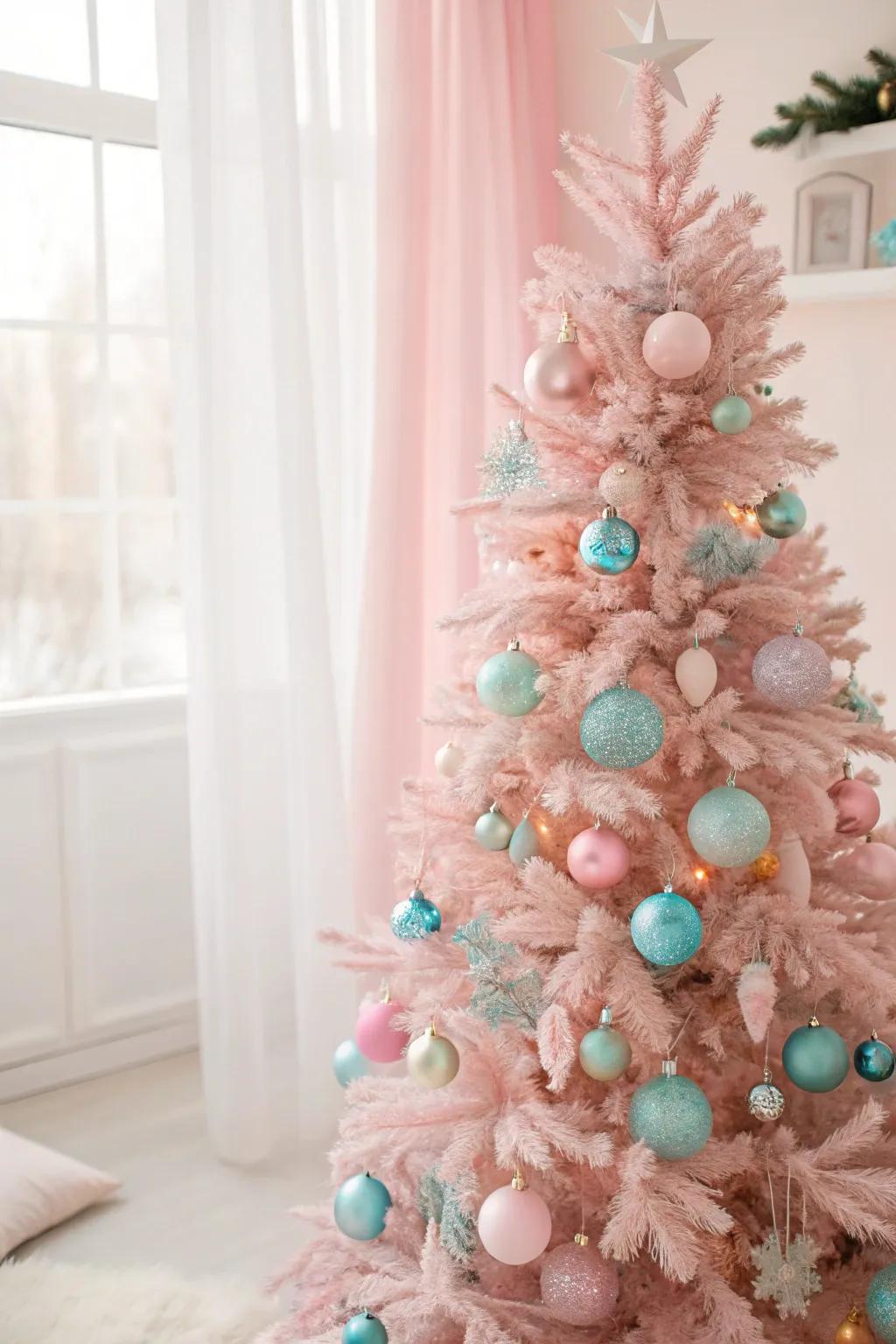 Gentle ornaments turn this rose fir into a dreamy masterpiece.