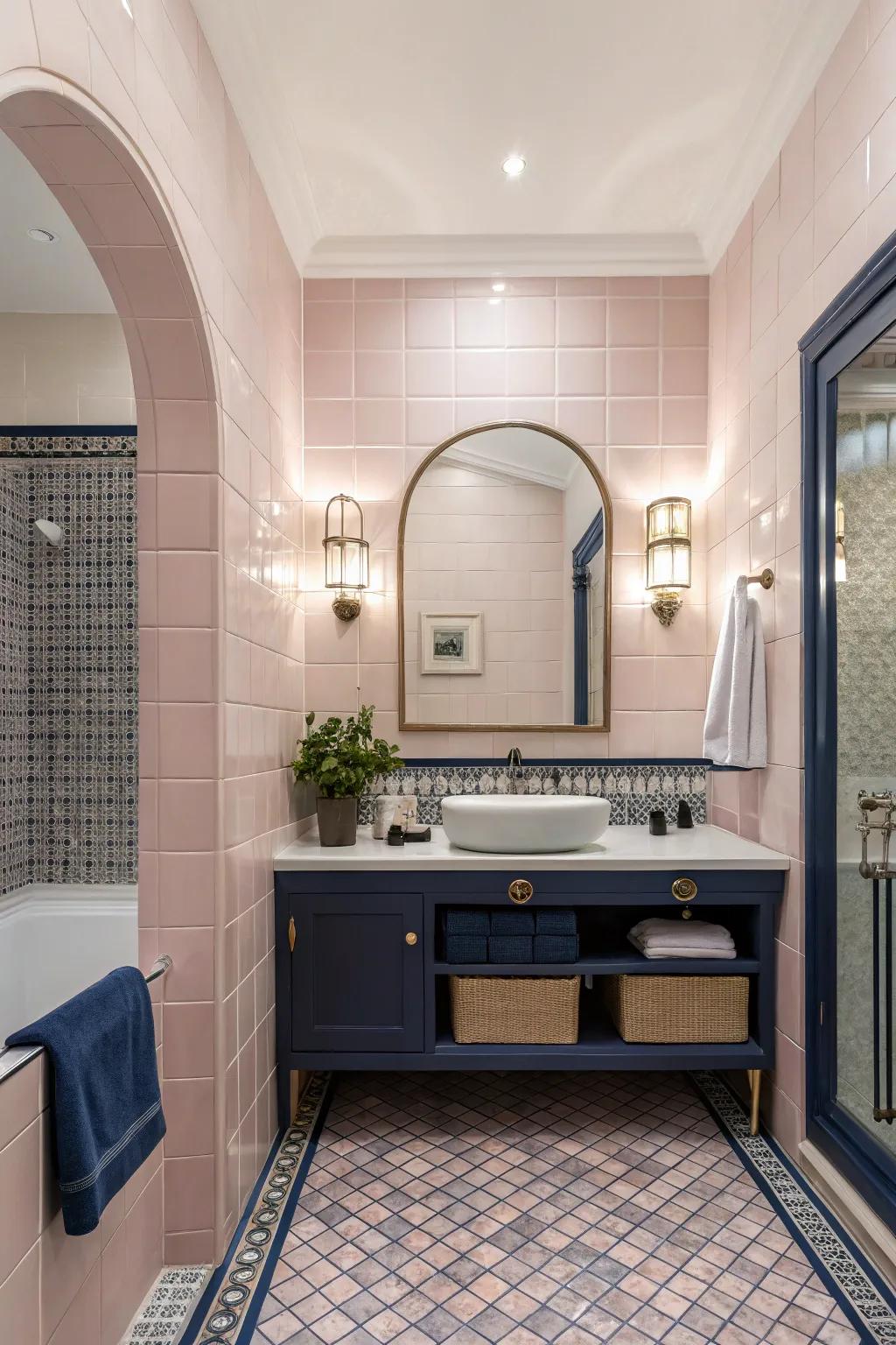 An elegant combination of rosy tiles with sapphire accents.