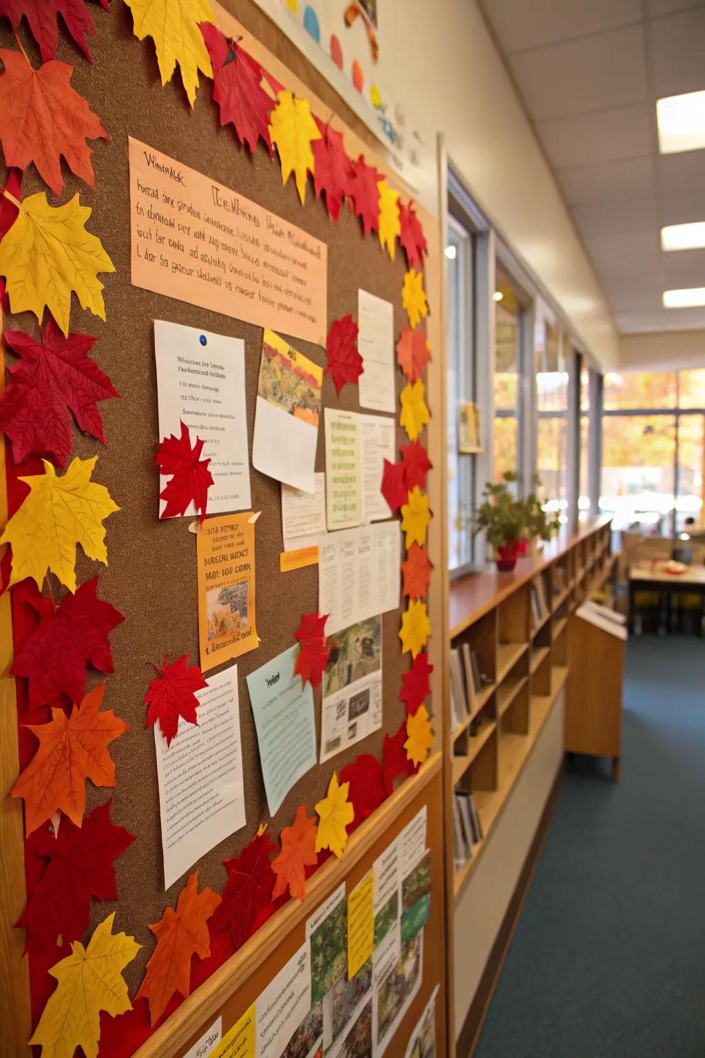 A fall bulletin board with decorative leafy borders for a polished look.