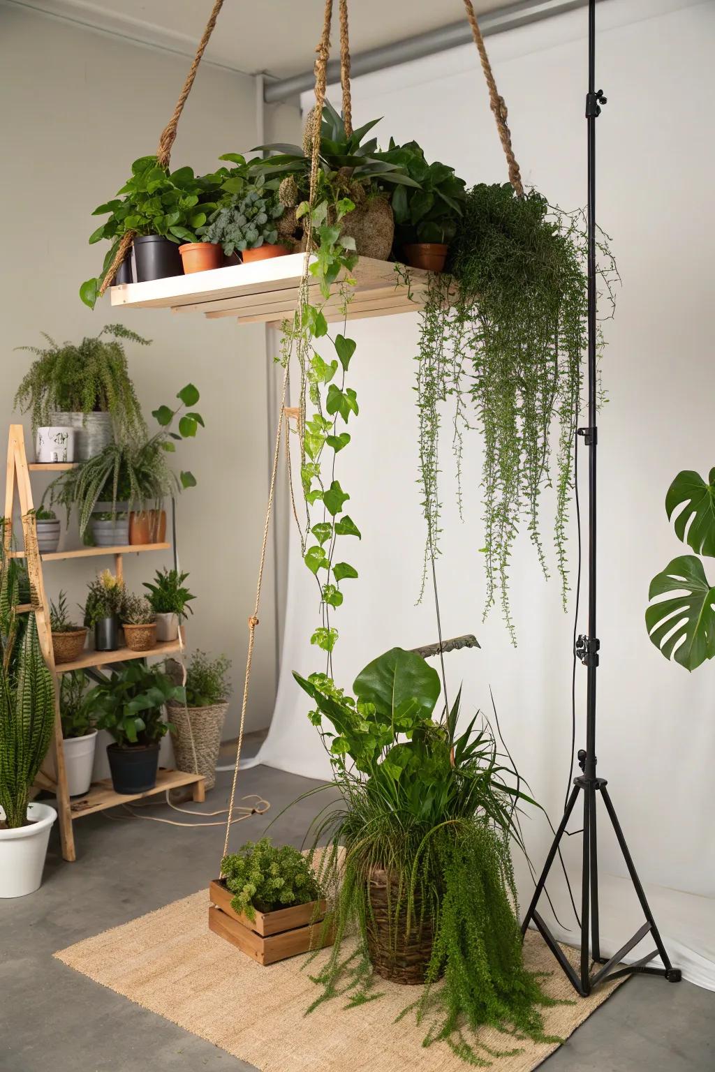 A hanging plant shelf offers a whimsical and space-saving solution.