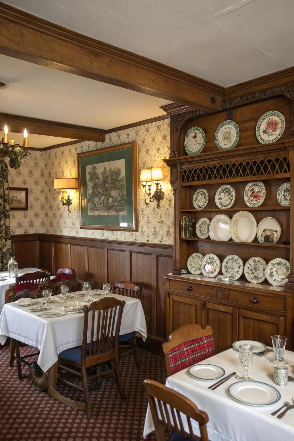 A vintage-inspired dining area with an appealing plate rail