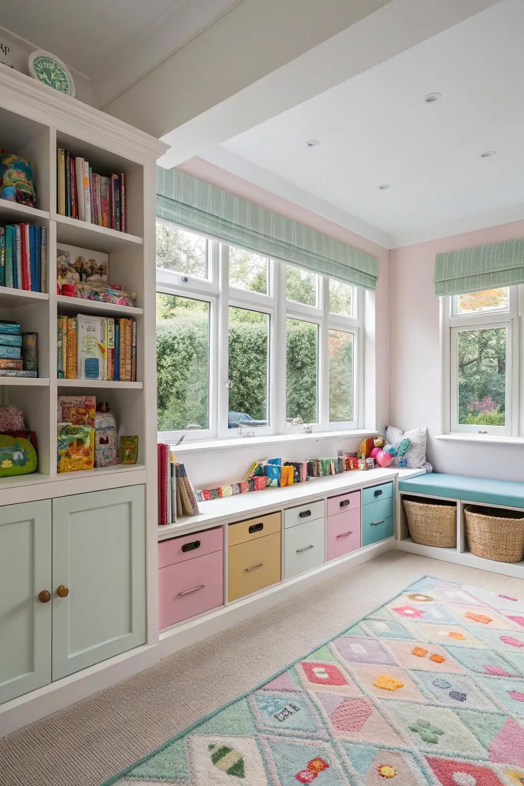 A playroom designed with clever integrated storage.