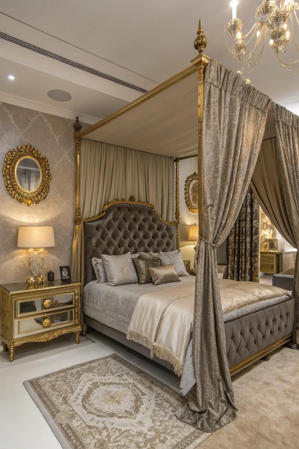 Opulent touches elevate the plushness of a bedroom.