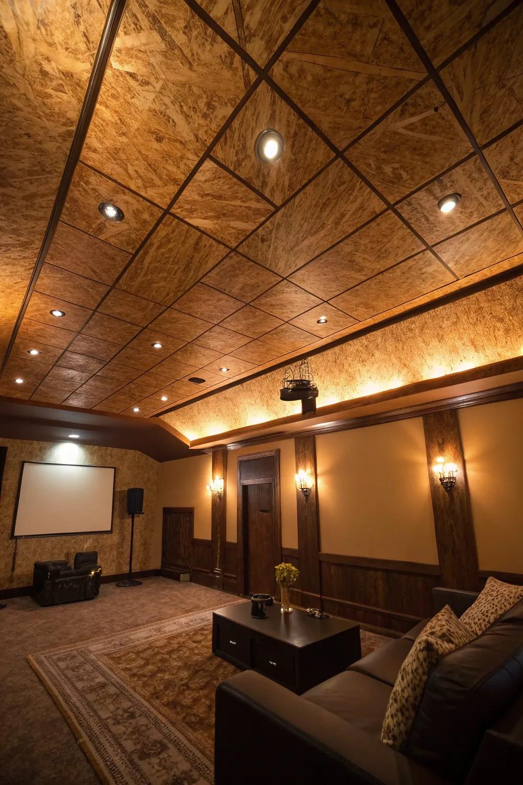 A room where accent lighting transforms a plywood ceiling into a magical feature.