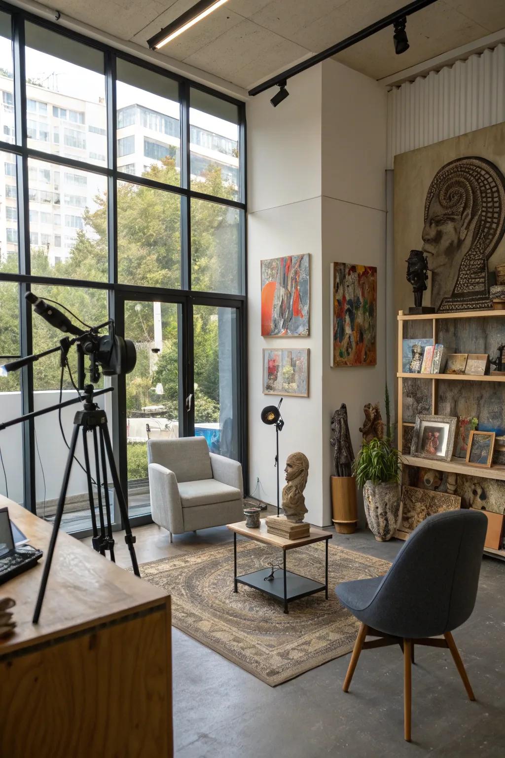 A podcast studio featuring artistic elements.
