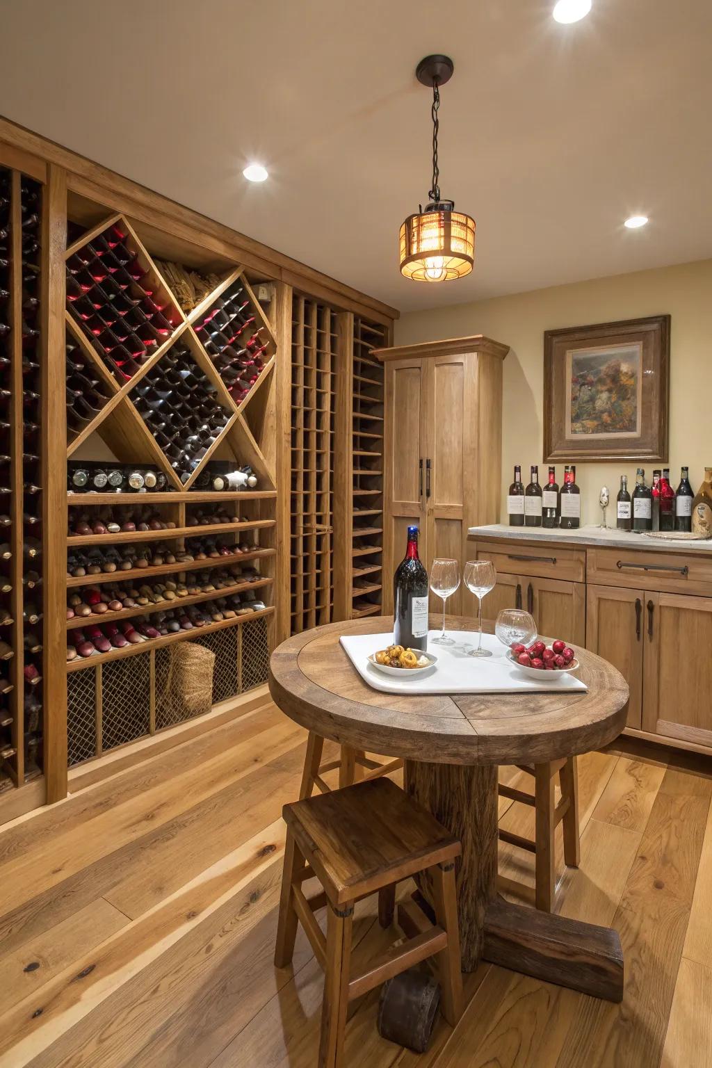 A wine storage space inside a pole barn featuring wine racks and a tasting table.