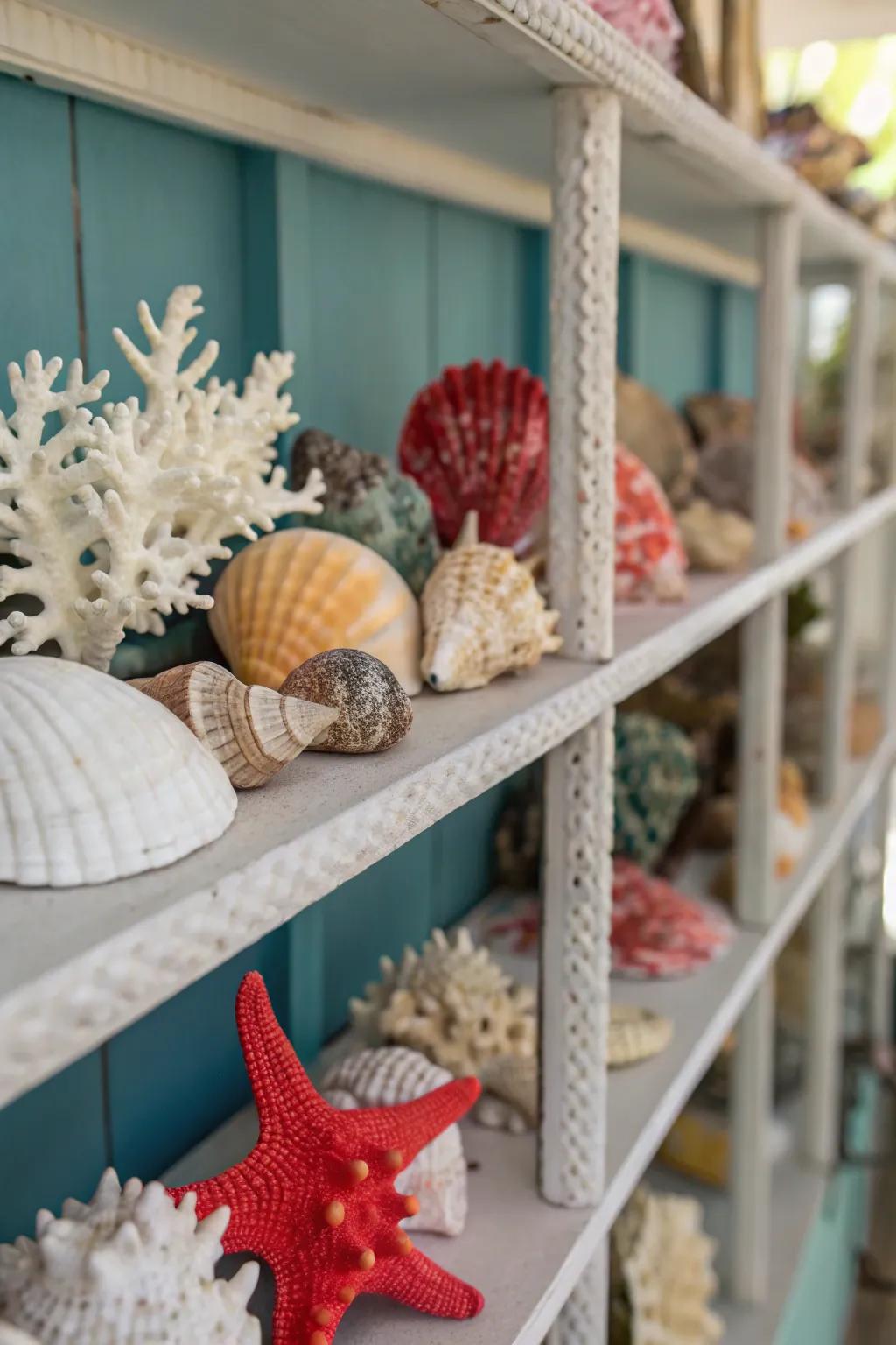 Beach shells and reef pieces evoke a coastal feel.