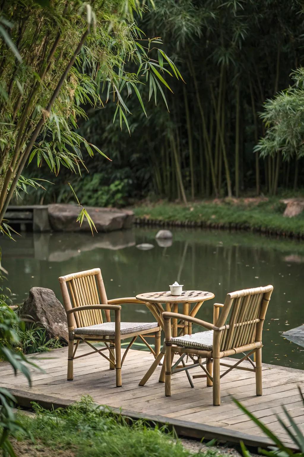 Bamboo seating appends an exotic and sustainable flourish to the pond space.