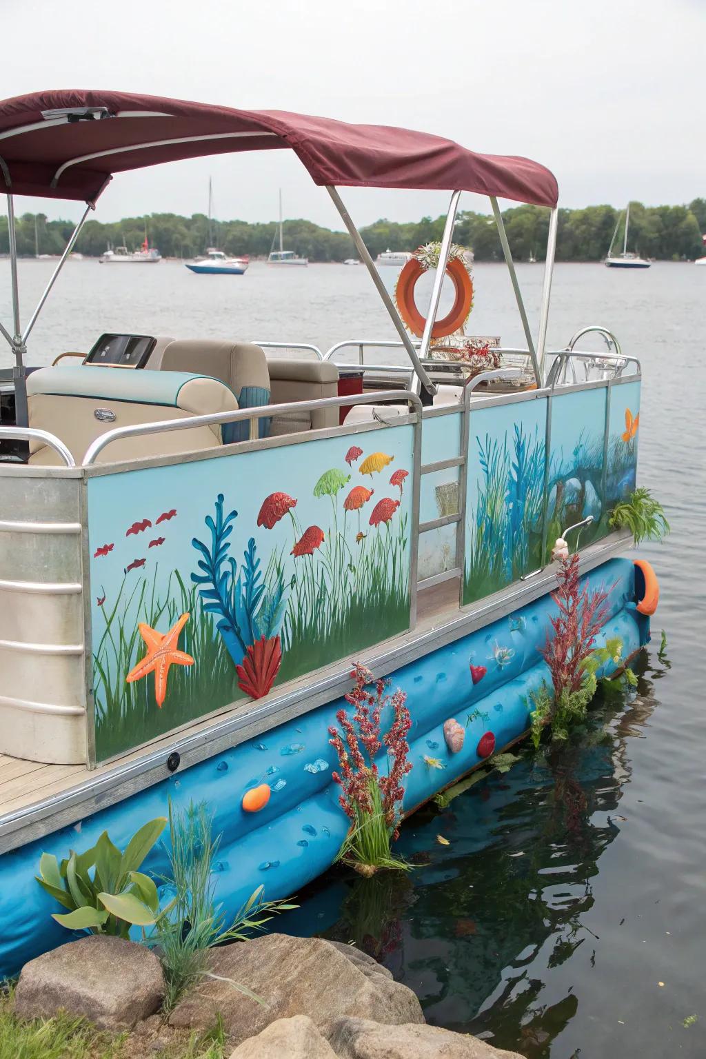 A pontoon boat with a below the surface theme, showcasing vibrant marine embellishments.