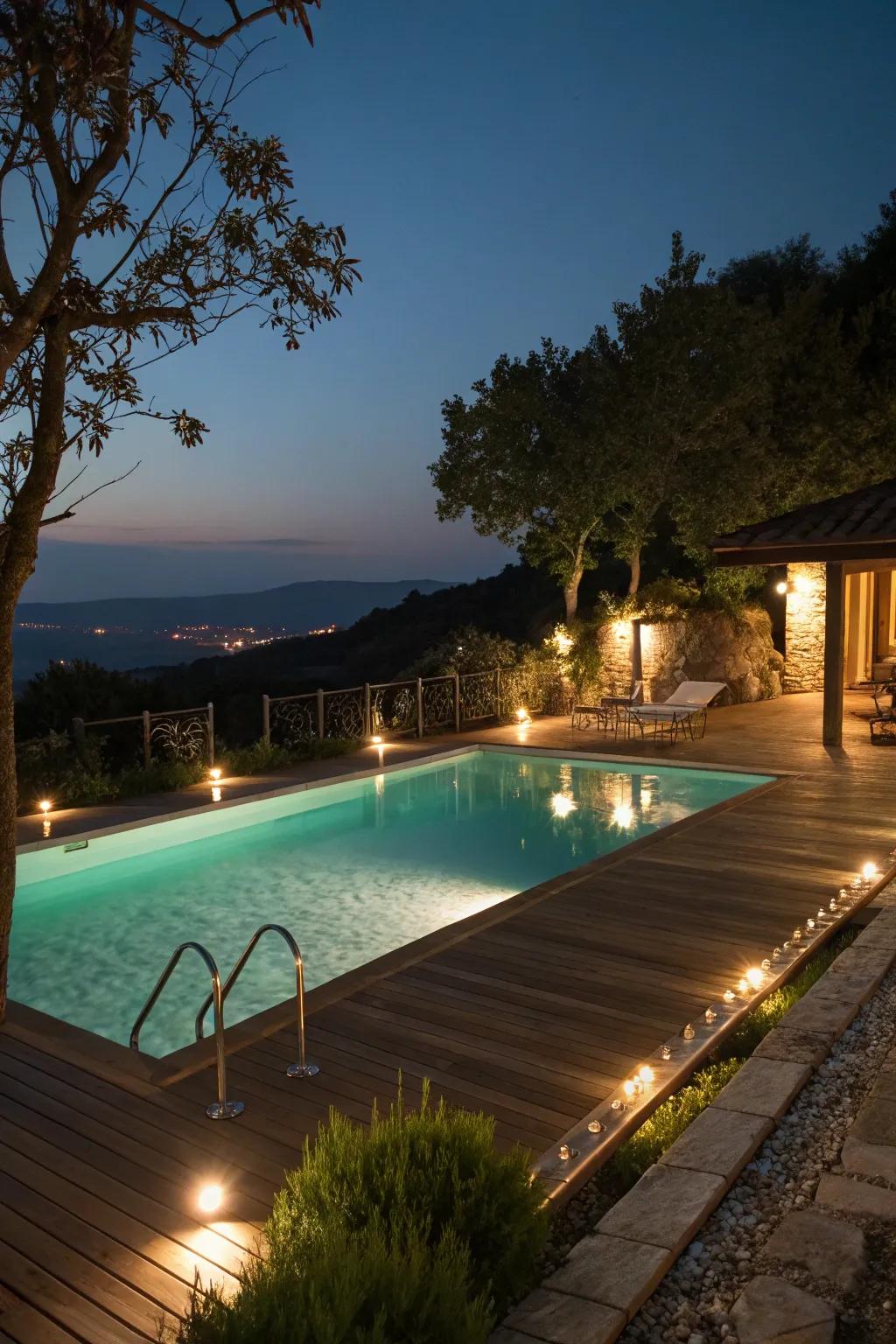Pool deck lighting creates a magical evening ambiance.