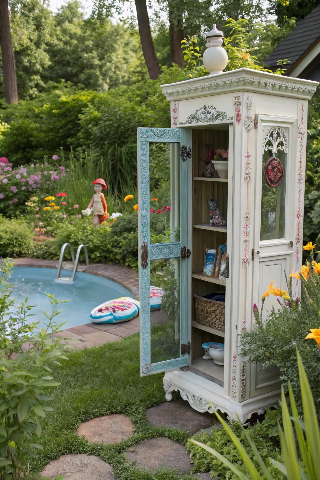 A repurposed vintage cupboard contributing a quirky touch to the garden.