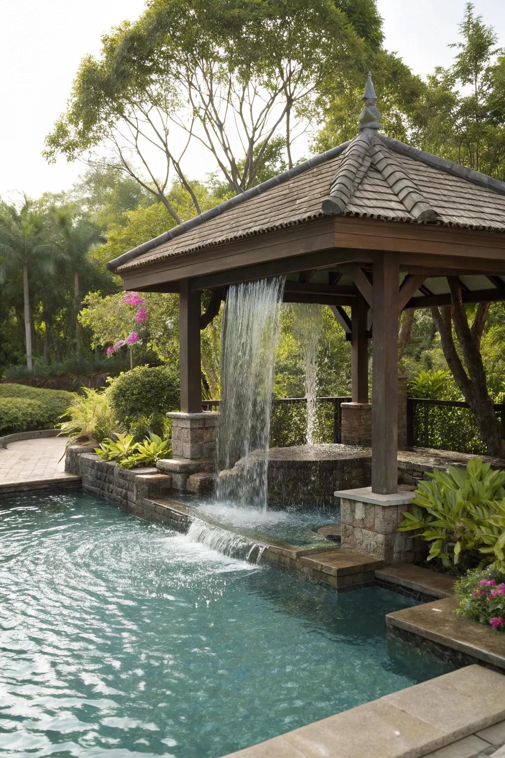 A waterfall feature enhances the gazebo&rsquo;s serenity.