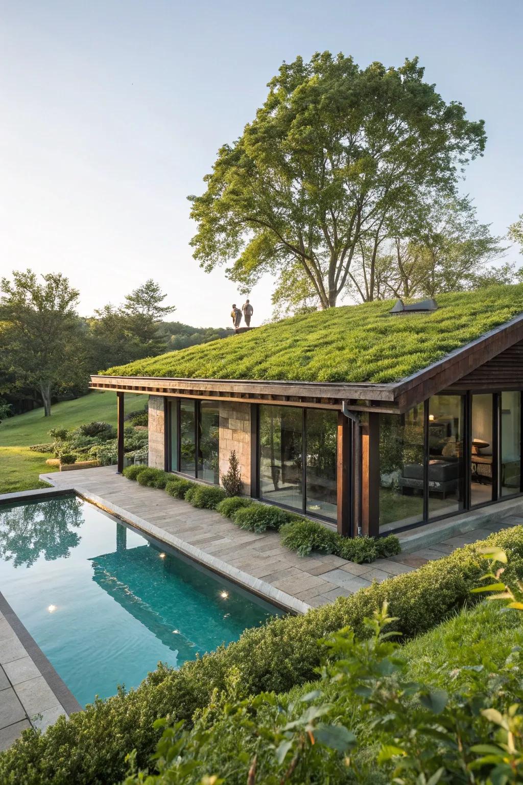 A pool house featuring a sustainable living roof.