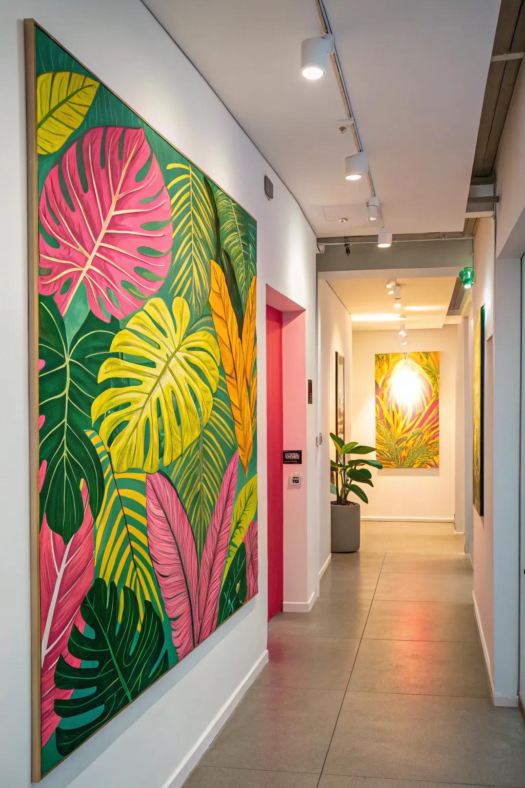 A fresh pop art illustration of tropical leaves enlivens the hallway.
