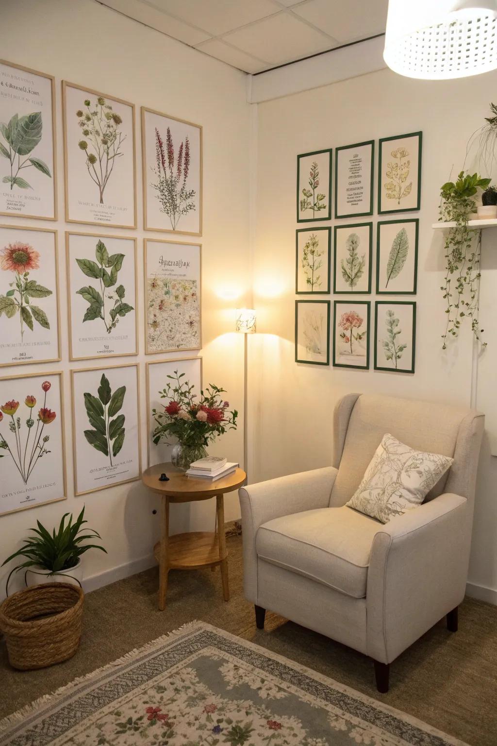 A serene room adorned with stunning plant-inspired posters.