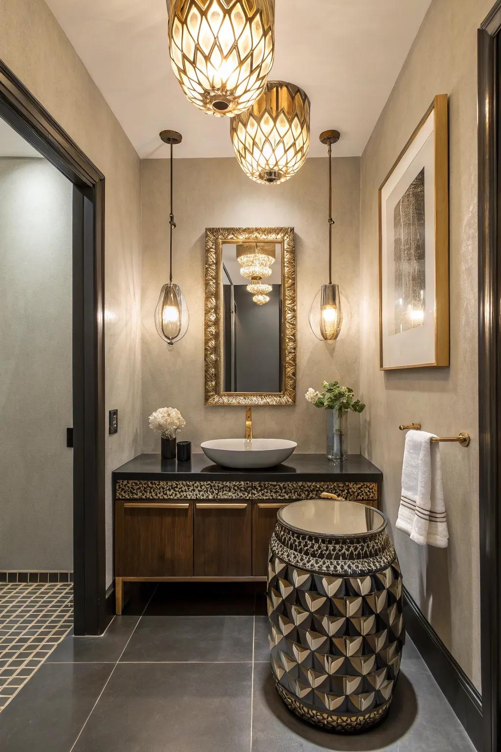 A powder room showcasing impressive fixtures that draw the eye.