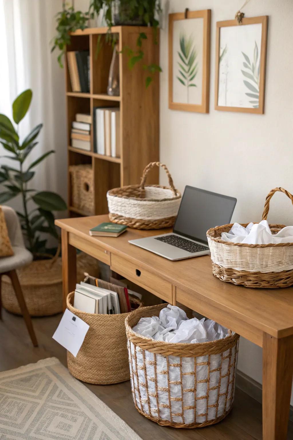 For comfortable and stylish paper storage, use decorative baskets.