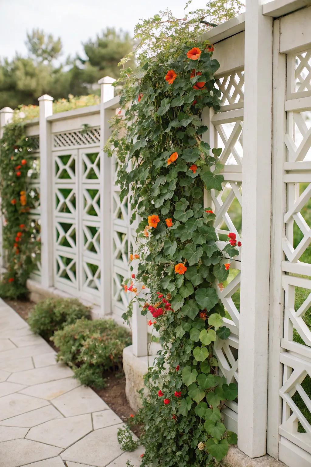 Bring artistic flair to privacy through a geometric pattern trellis.