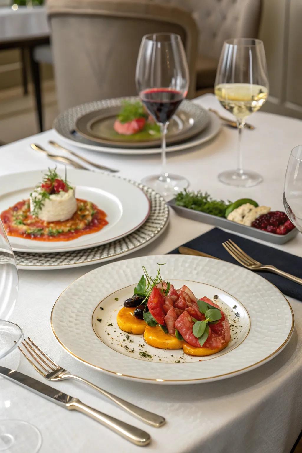 A table set with gourmet dishes, focusing on cutting-edge presentation and top-notch ingredients.