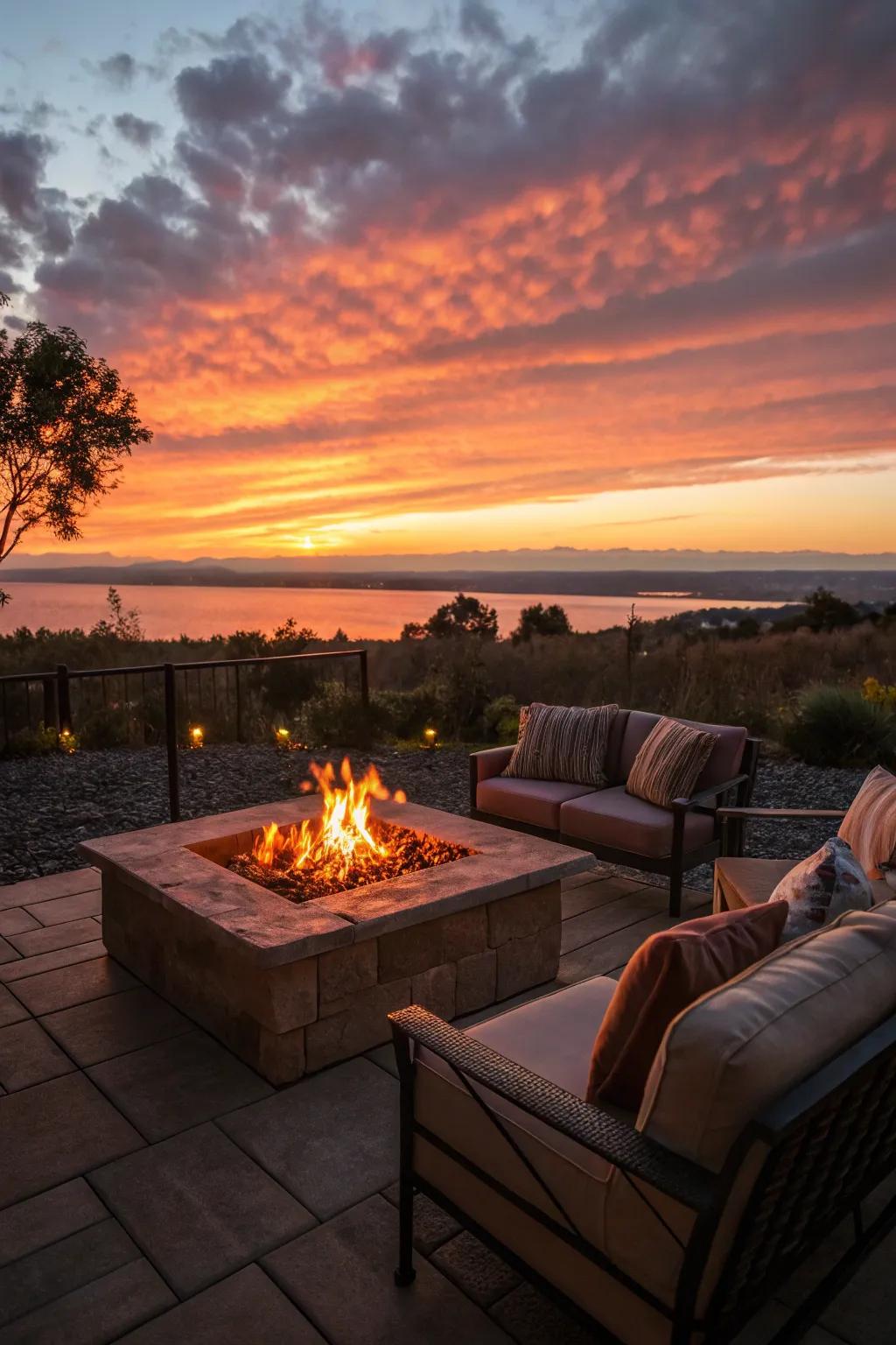 Enhance your gatherings with a propane fire pit setup that offers a stunning view.
