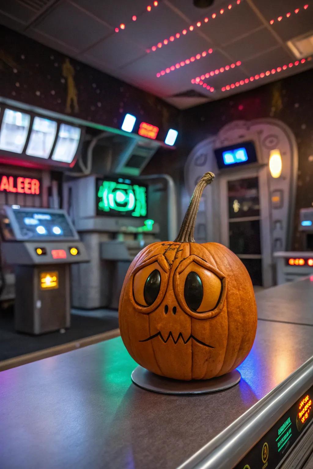 A quirky extraterrestrial pumpkin conveying otherworldly amusement to All Hallows' Eve ornamentation.