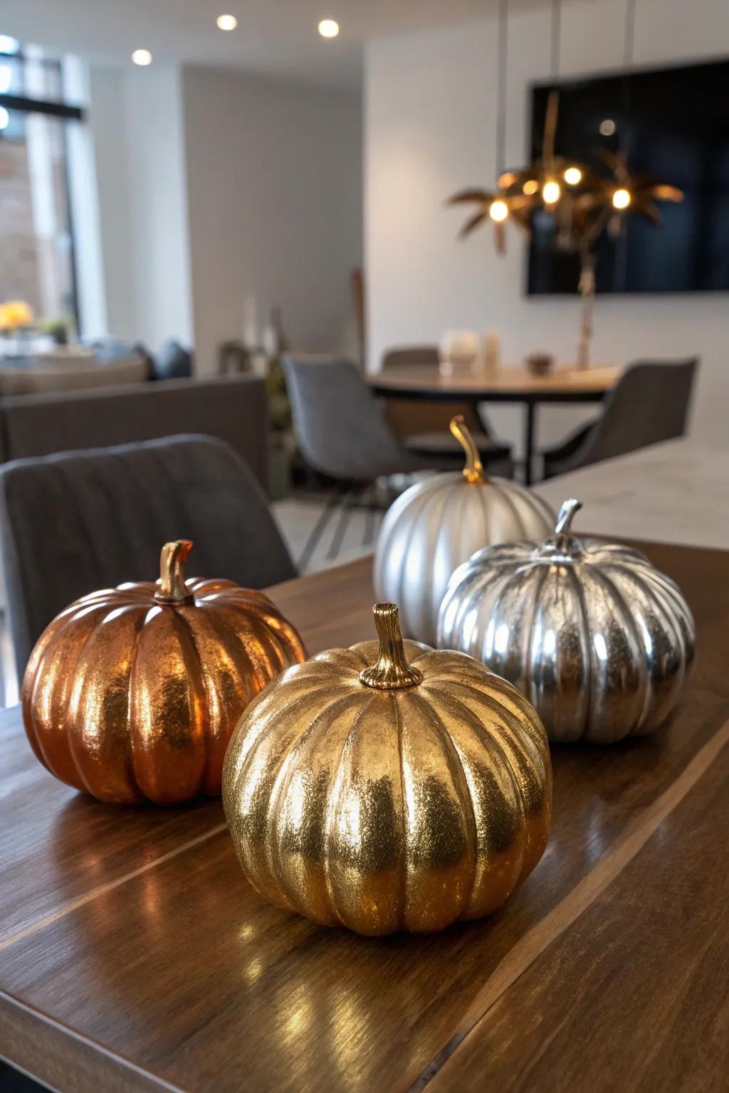 Reflective metallic pumpkins creating a glamorous touch.