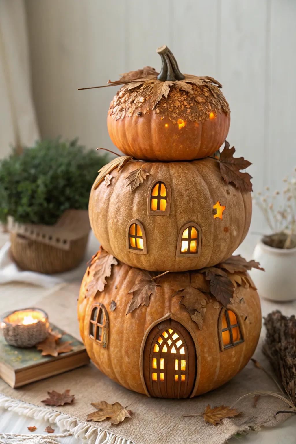 Embrace the magic of autumn with this charming two-story pumpkin fairy house, a perfect blend of minimalist elegance and bohemian whimsy. 🍂🏡✨