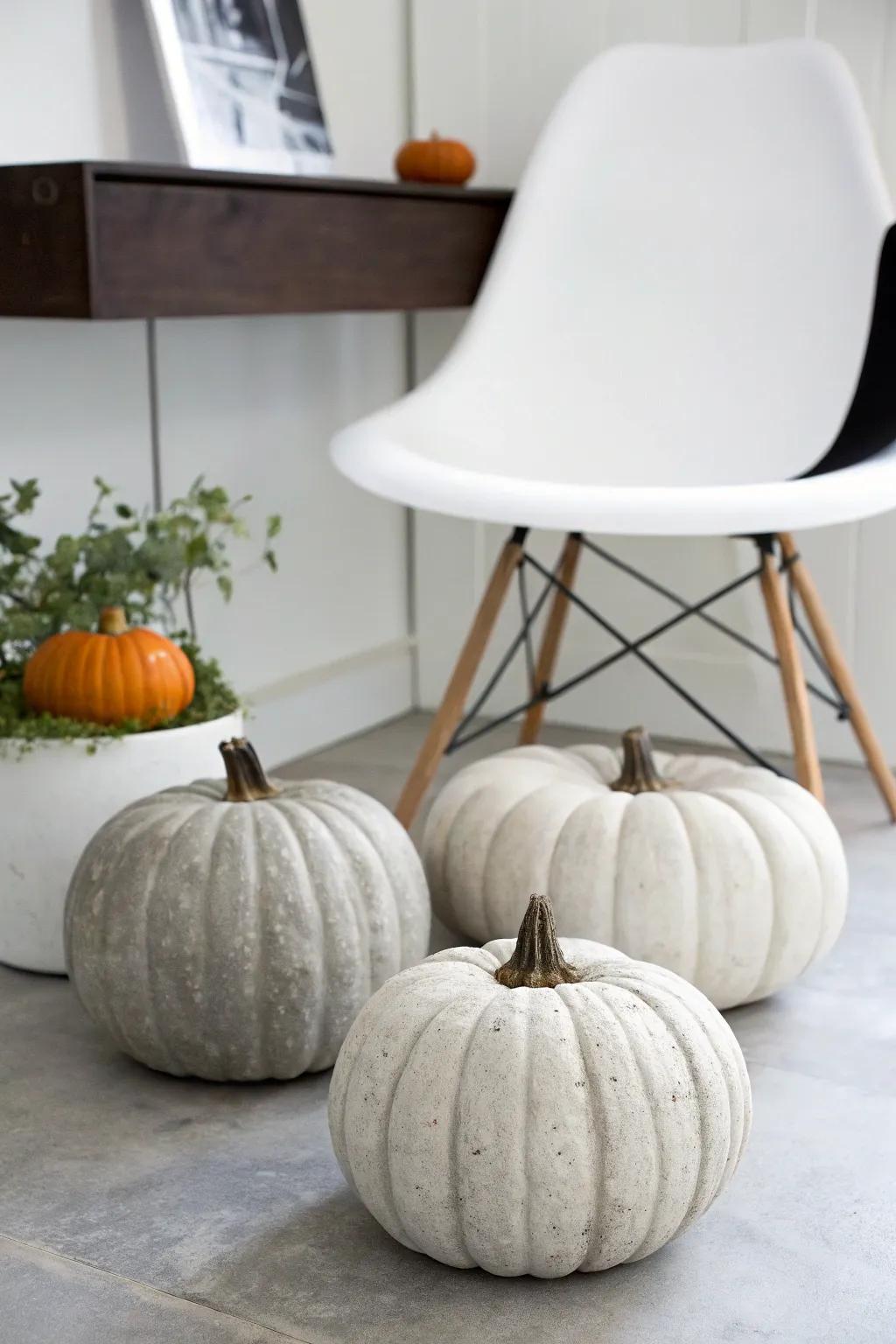 Concrete-style pumpkins offer a sleek, modern alternative to traditional decor.