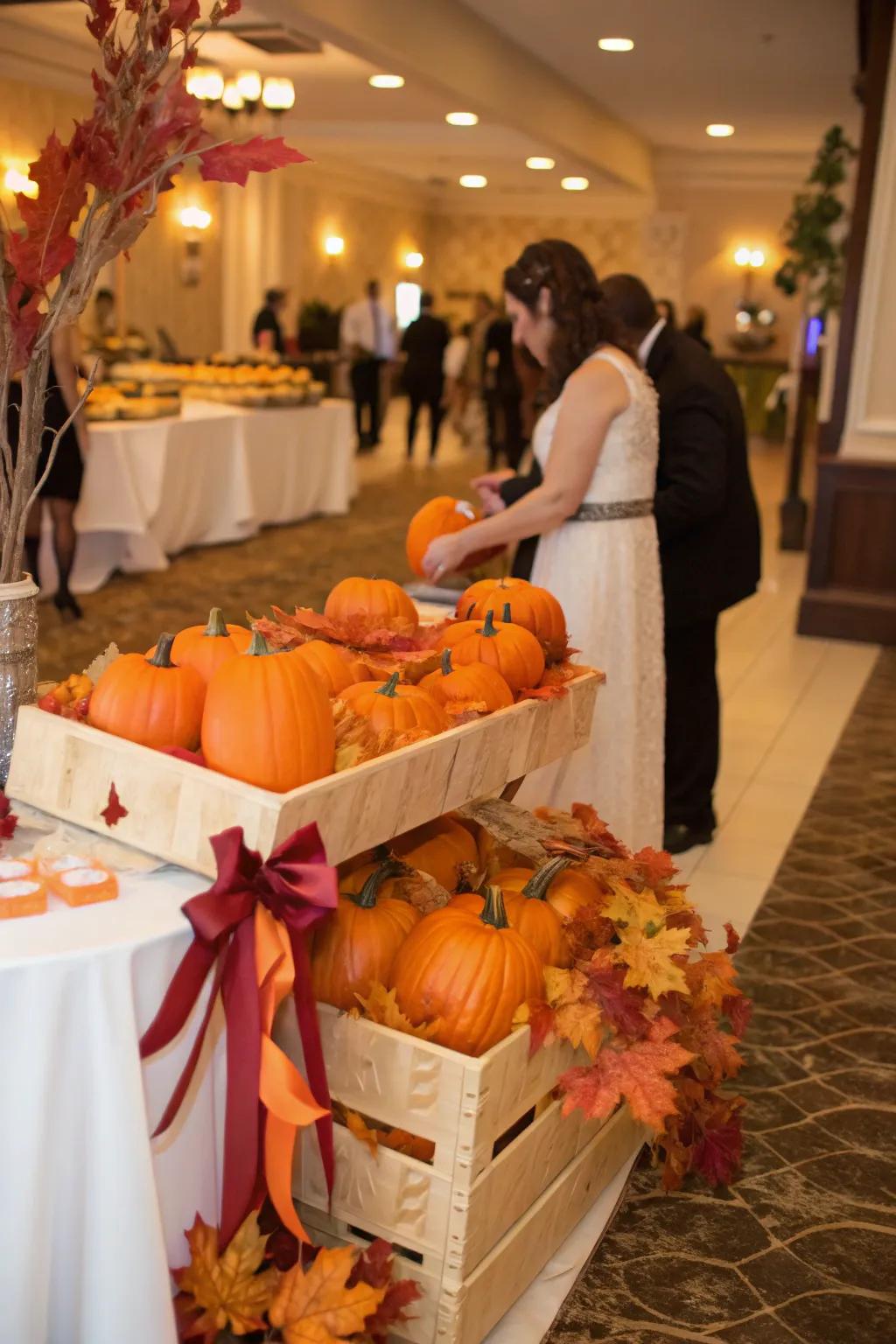 A charming gift station featuring gourds for guests.