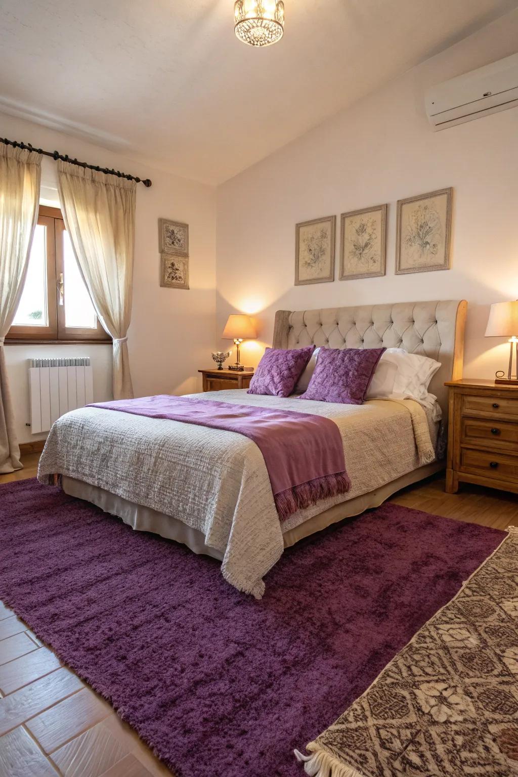 A profound purple rug anchors the area and incorporates warmth.