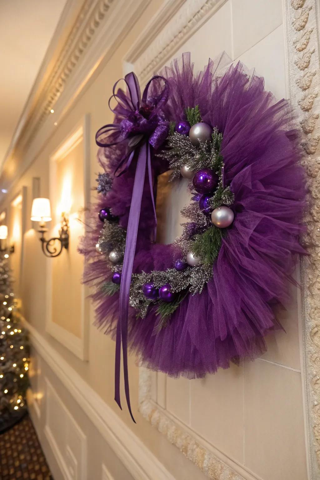 Mauve netting imparting a royal accent to holiday ornamentation.